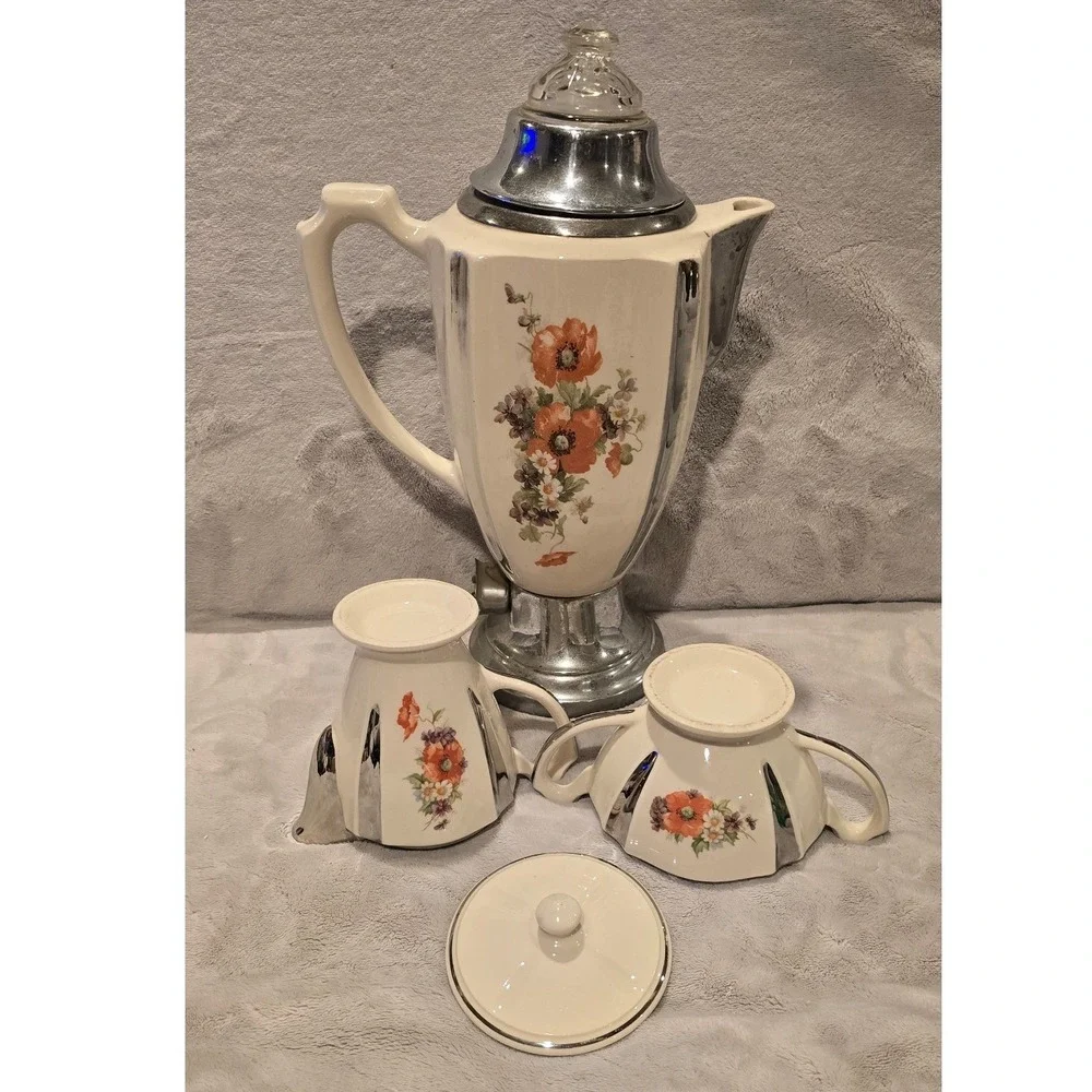 Vintage Anchor-Ware Floral Poppy Ceramic Coffee Percolator Sugar Creamer Set